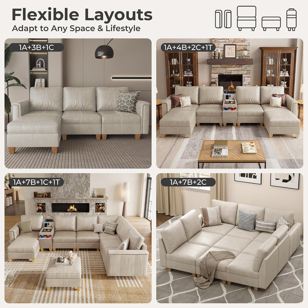 Modular Leather Accent Chair with Storage, Plush-Top Armrest, Greige