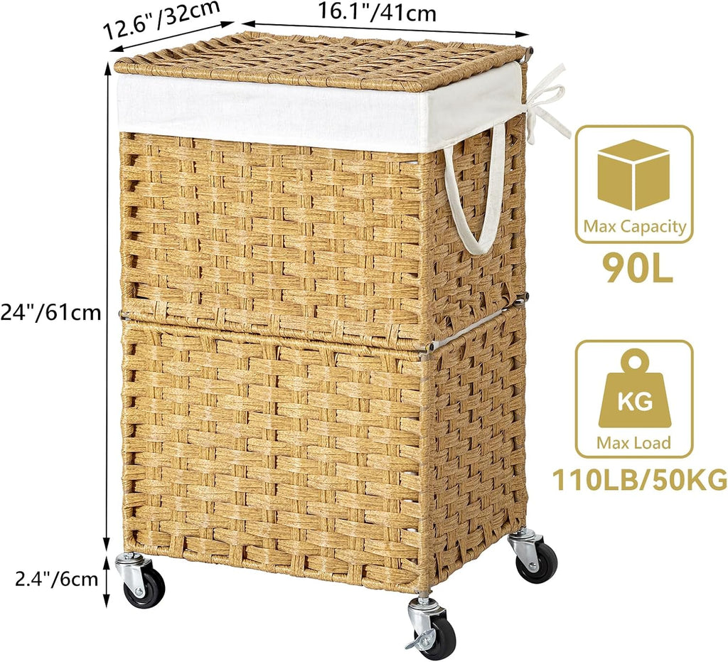 Wicker Laundry Basket with Wheels,Rolling Laundry Hamper with Lid | 90L Slim Clothes Hamper with Wheels & Removable
