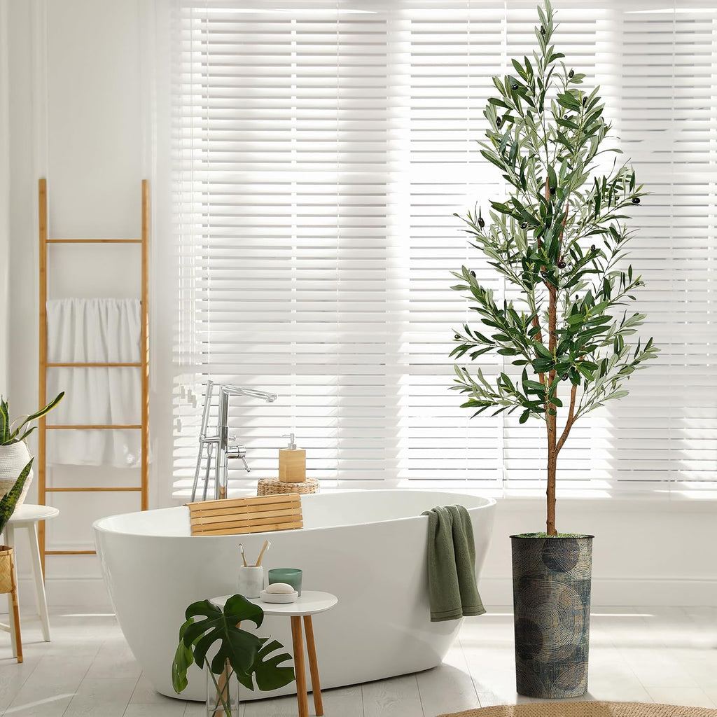 Tree in Contemporary Planter, Fake Olive Silk Tree for Indoor and Outdoor Home Decoration - 68" Overall Tall (Plant