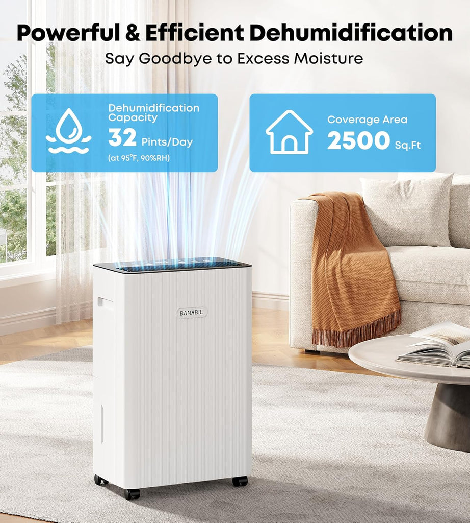 2500 Sq.Ft Dehumidifier for Basement, 32 Pint Dehumidifiers for Home with Drain Hose, Ultra Quiet 32dB