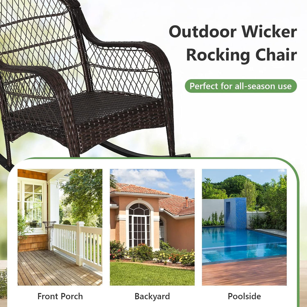 Outdoor Wicker Rocking Chair, Patio Rattan Rocker w/Lumbar Pillow, Padded Seat & Back Cushions, Metal Frame, Mix
