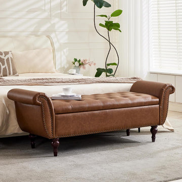 63.8" Storage Bench Faux Leather End Of Bed Bench With Storage | Upholstered Ottoman Foot Rest With Rolled Arms