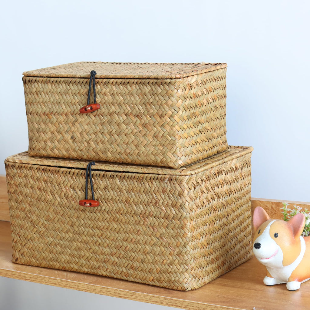 Wicker Shelf Baskets with Lid, Natural Seagrass Storage Basket Box