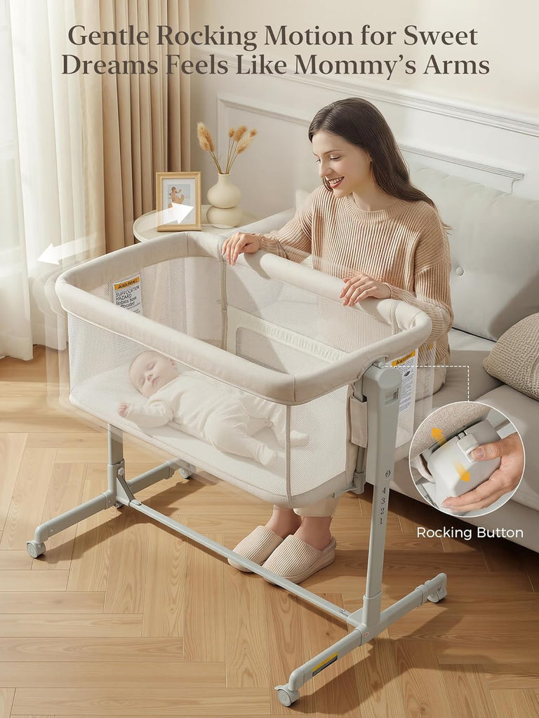 Baby Bassinet Bedside Sleeper 3-in-1, Easy Night Feeding with One-Side Fold & Rolling Wheels, Breathable Mesh