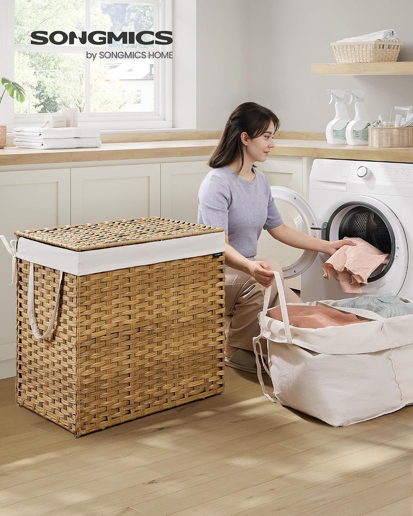 Laundry Hamper with Lid, 160 L Wicker Laundry Basket | 6 Mesh Bags, 2 Removable Liner Bags, 26 x 15.7 x 24 Inches