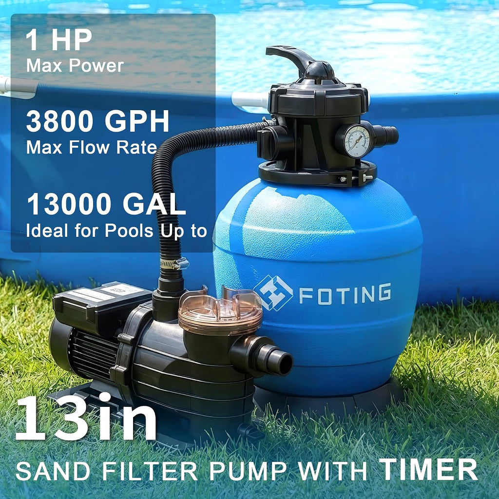 2026New Sand Filter Pump 13" 1HP Swimming Pool Filter System with 24H Timer, 3800 GPH Pump for Above Ground Pool