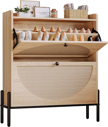 Shoe Cabinet Storage with 2 Flip Drawers, Free Standing Wooden Shoe Storage Organizer Cabinet with Rattan Doors