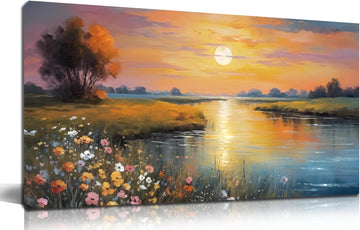 Orange Yellow Sunset Lake Landscape Canvas Wall Art with Vibrant Colorful Wildflowers & Distant Mountain, Serene