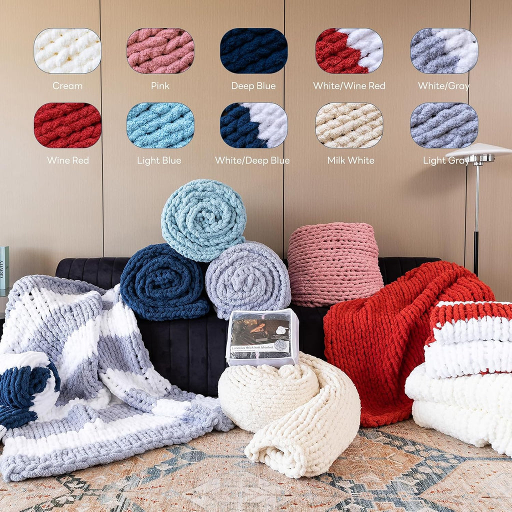 Chunky Knit Blanket - Luxury Soft Cozy 60 * 80 Throw Blanket, 100% Handmade Chenille Yarn Woven Blanket, Gift