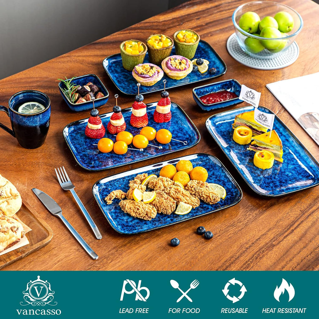 Stern Serving Platters Set of 4, 11 Inches Rectangular Ceramic Serving Plates, Blue Serving Trays for Entertaining