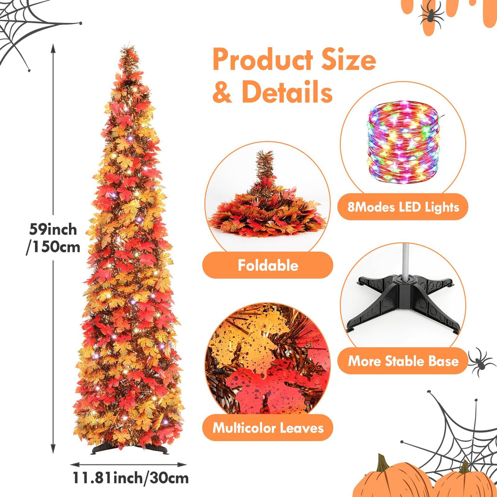 Fall Tree Home Decor, 5FT Pop Up Tree with Lights & Timer & 8 Modes, Collapsible Tinsel Pencil Tree for Autumn