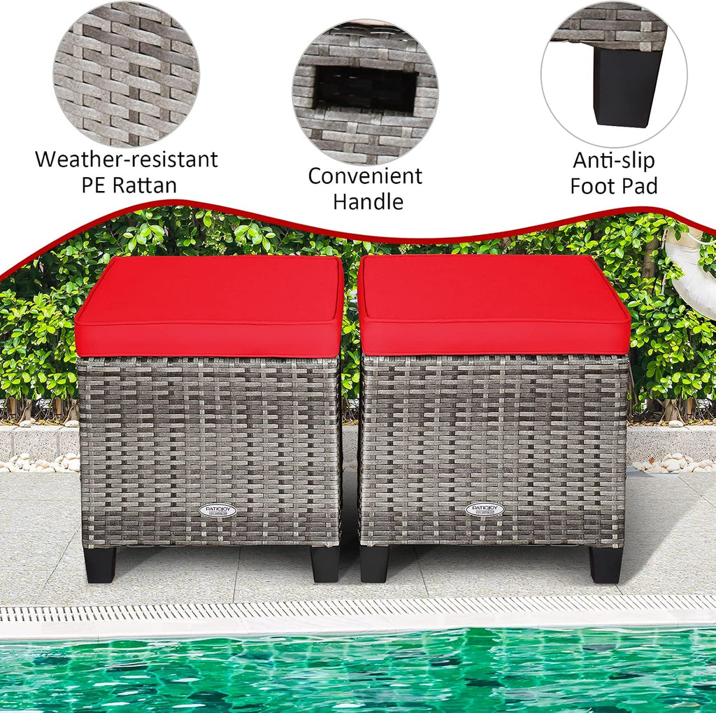 Patio Ottoman Set of 2, Outdoor Rattan Wicker Ottoman Seat with Removable Cushions, Patio Furniture Footstool
