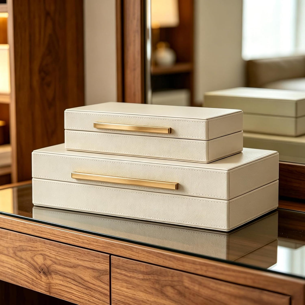 Shagreen Decorative Box, Modern Faux Leather Beige Decorative Storage Boxes with Lids and Metal Handles - Set of 2