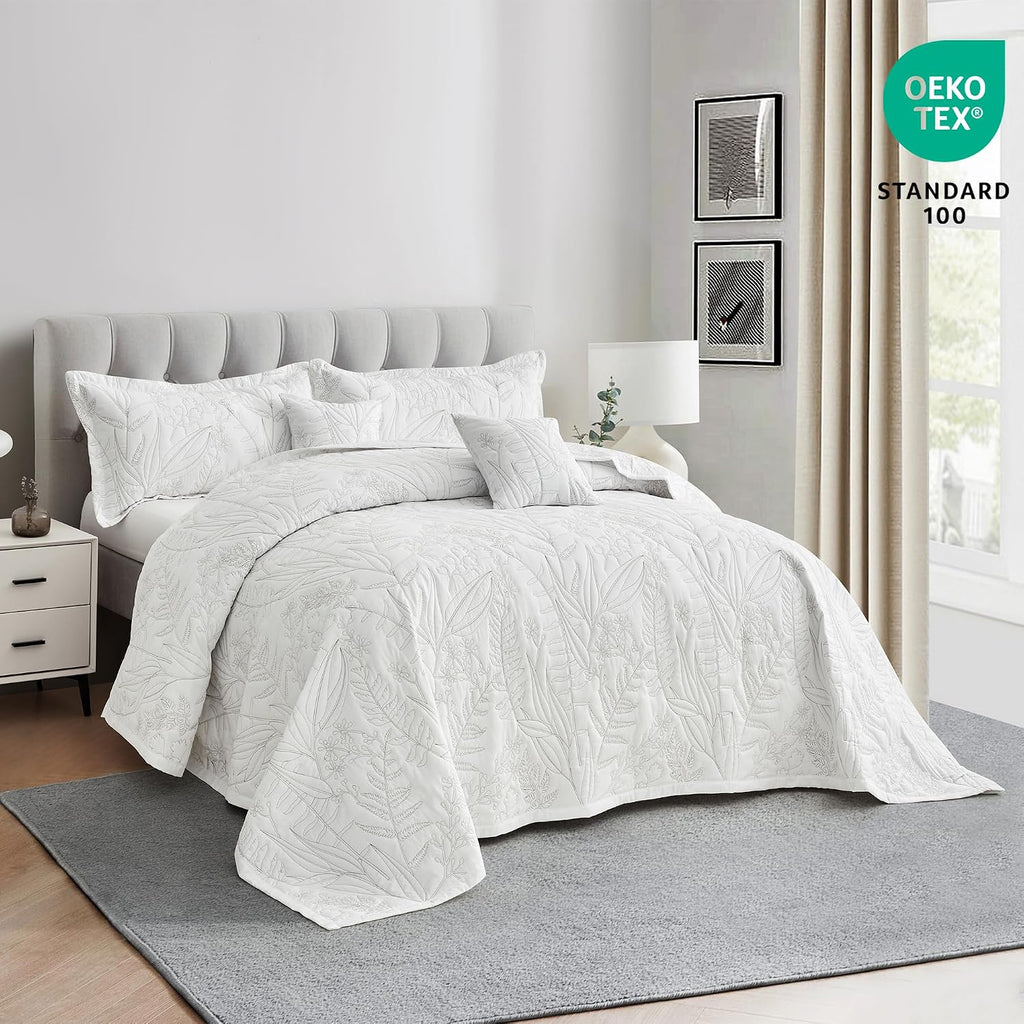 Botanical Oversized King Bedspread, Stitched Leaf Quilt Set King/Cal King, Lightweight Reversible Coverlet, Tailored