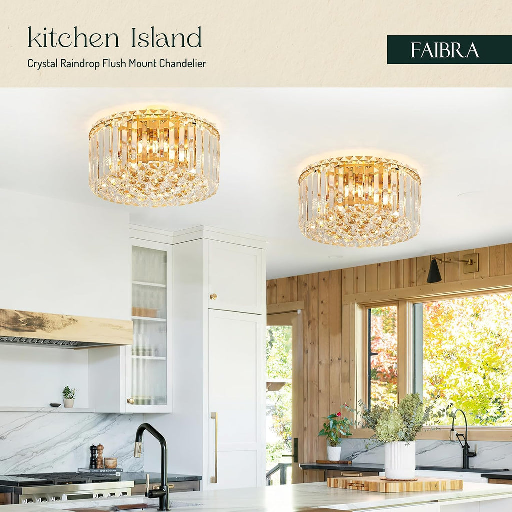 12.6" Gold K9 Crystal Raindrop Flush Mount Ceiling Light, Modern Chandelier, Round Luxury Light Fixture