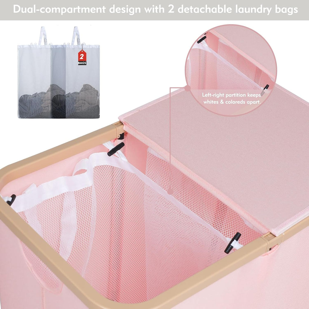 160L Double Laundry Basket Hamper with Lid & Removable Bags, Pink | Extra large 2-section collapsible clothes hamper