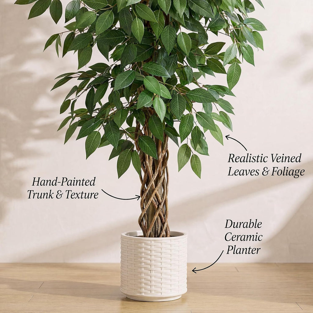 Ficus Tree:6FT Tall Faux Silk Floor Plant (White Planter)