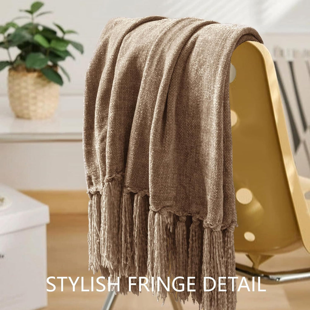 Chenille Throw Blanket, Soft Cozy Throws with Fringe Tassel, Lightweight Knitted Decorative Boho Blankets, Taupe