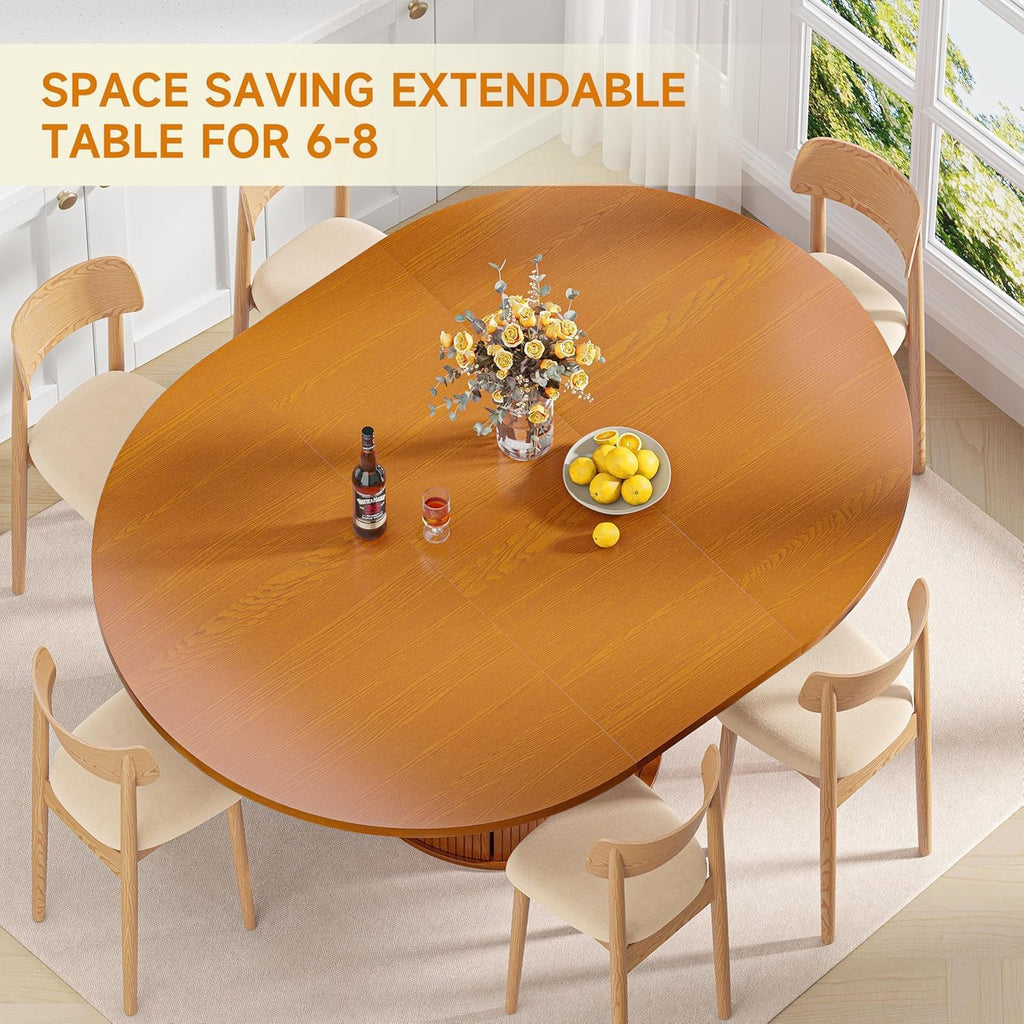 Extendable Round Dining Table: 47″ - 63″ Kitchen Table for 4 6 8 with Dust-Proof 2-Tier Storage Shelf Space Saving