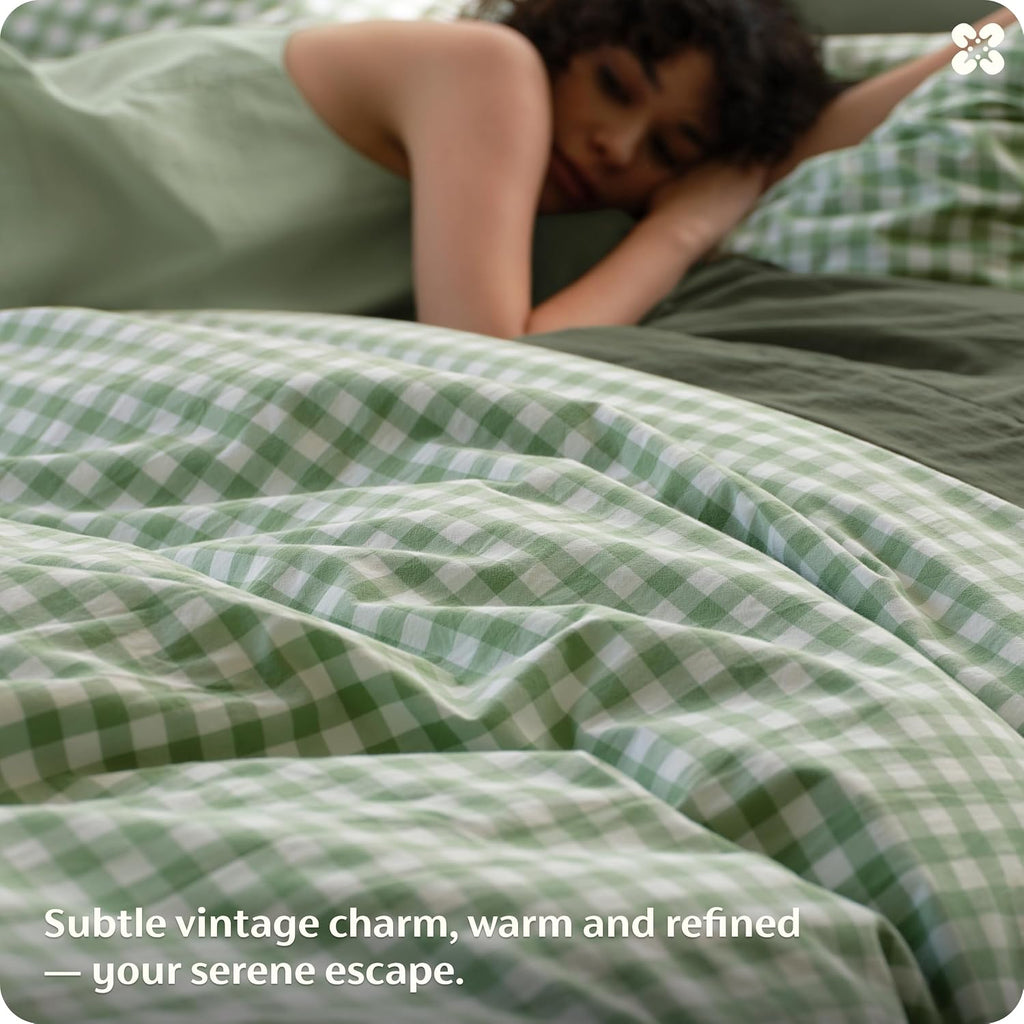 Gingham Duvet Cover, 100% Washed Cotton Duvet Cover Linen‑Like, PureWoven with Reversible Yarn‑Dyed Design