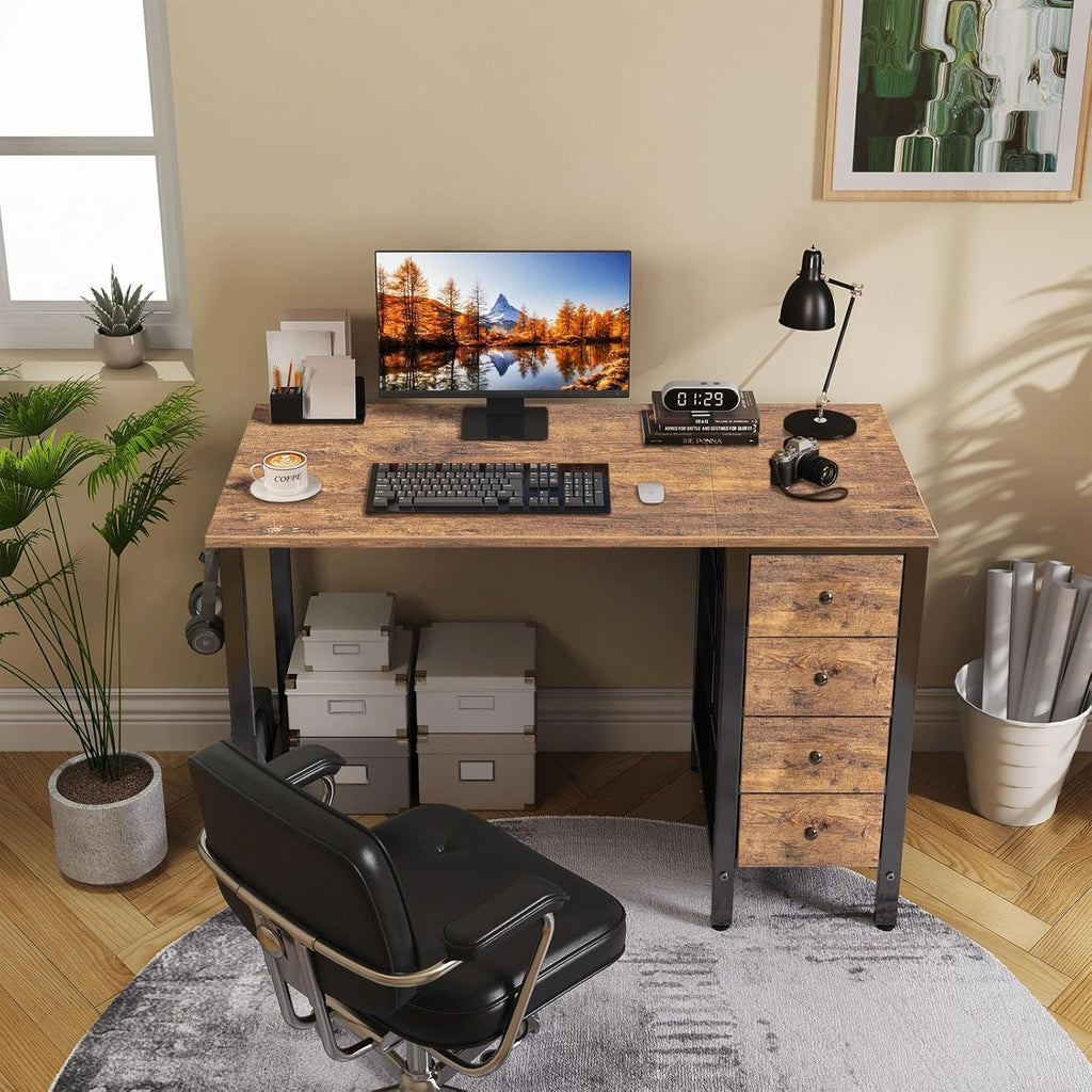 47 inch Computer Desk with 4 Drawers, Reversible Writing Work Study Desk Bedroom, Modern Simple Student PC Desks