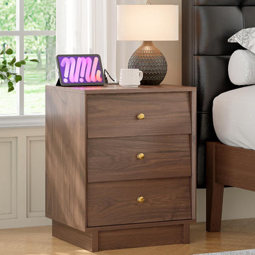 Nightstand with 3 Drawers and Charging Station, Mid Century Modern Bedside Table, 19" Wide Wood End Table with