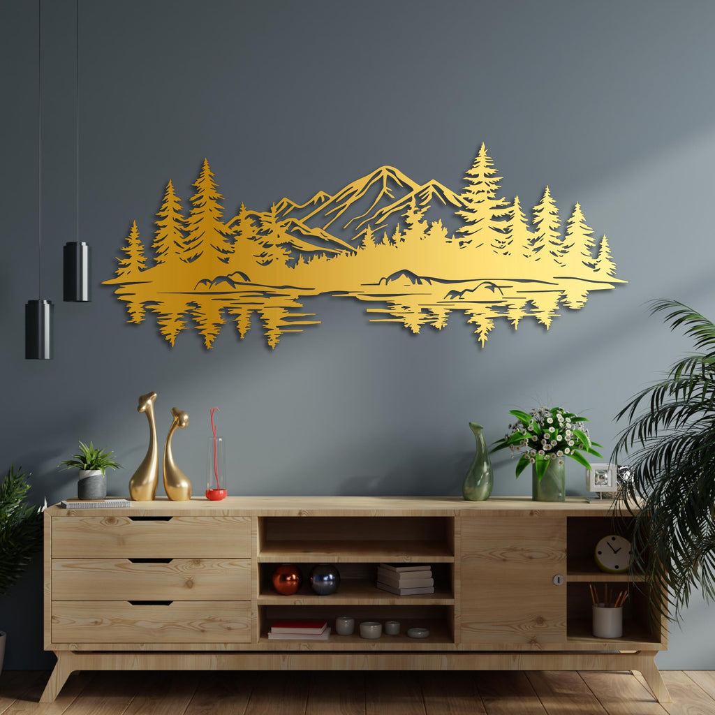 Mountain and Lake Metal Wall Art Decor, Forest Landscape Wall Decor, Cabin Wall Hanging, Farmhouse Wall Decor