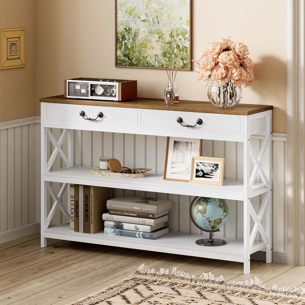 47.2" Farmhouse Console Table, Sofa Table with Drawer, Narrow Long Entry Table with 2 Shelf , White/Walnut