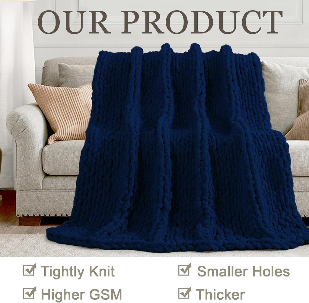 Chunky Knit Throw Blanket 50"X 60", 100% Handmade with Soft Chenille Yarn, 4.4lbs Thick Cable Knitted Blankets, Large