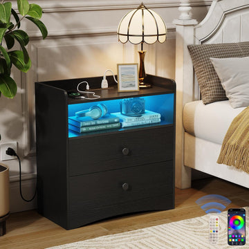 Nightstand with Charging Station and LED Light,Modern Nightstand with USB Ports and Outlets,Wooden Bedside Tables