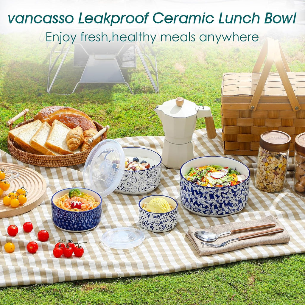 Ceramic Nesting Bowls with Lids Set of 4, Serving Bowls for Food Storage, Prep Bowl, Ceramic Bowl , Microwave &