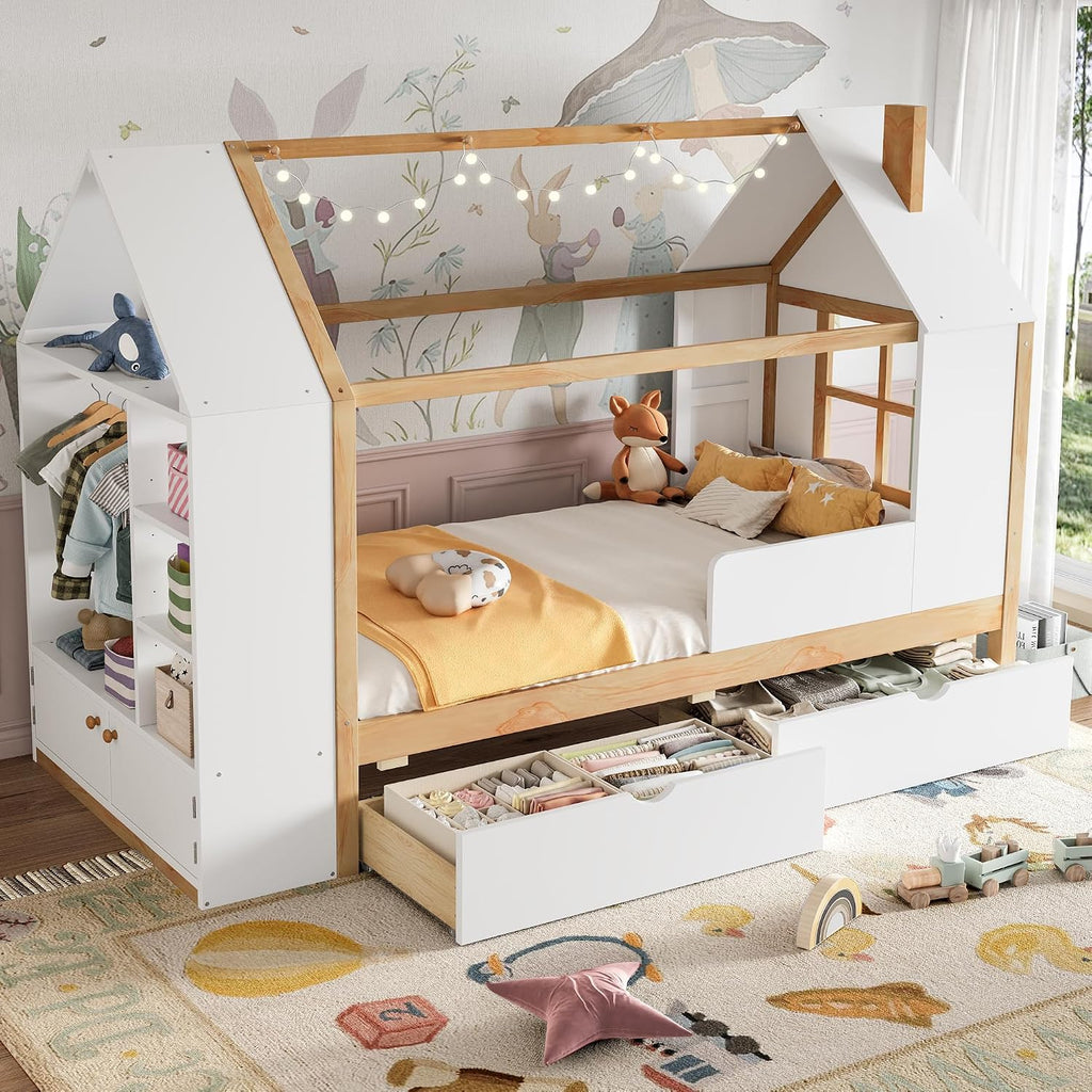 Twin Size House Bed, Solid Wood Platform Bed with Drawers and Wardrobe, House Shape Bed Frame with Built-in Shelves