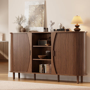 59" Curved Buffet Cabinet with Storage, Sideboard Cabinet with Adjustable Shelves, Mid-Century Modern Buffet Cabinet