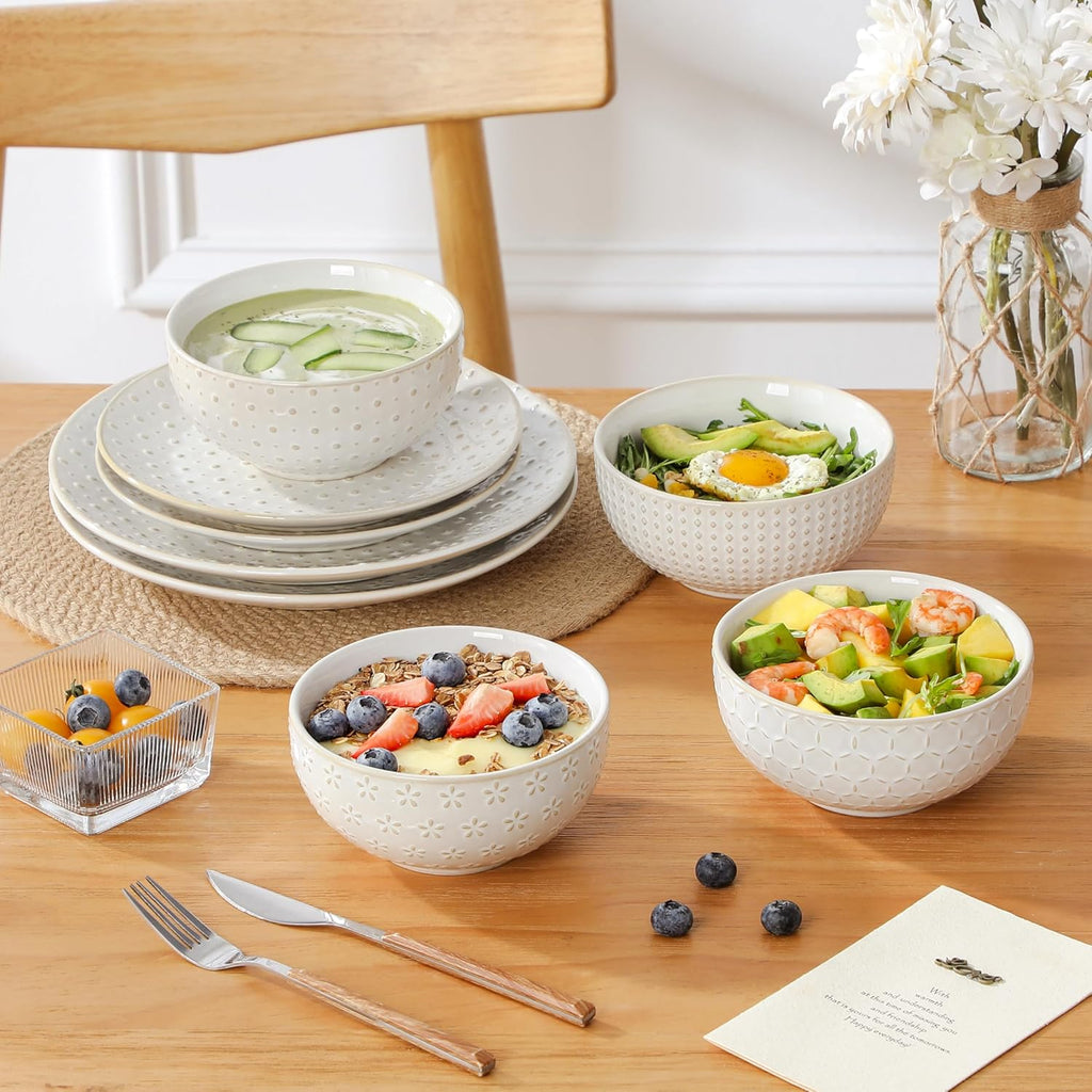 16 Pieces Dinnerware Sets, Modern Relief Design Plates and Bowls Sets, White Dish Set for 4