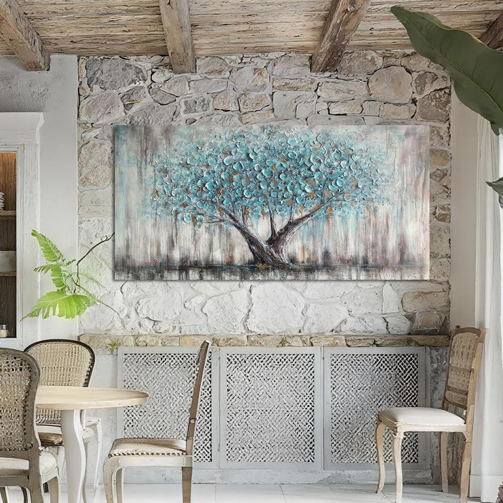 Tree Wall Art Canvas Blue Tree of Life Nature Teal Abstract Painting, Textured Picture Modern Panoramic Landscape