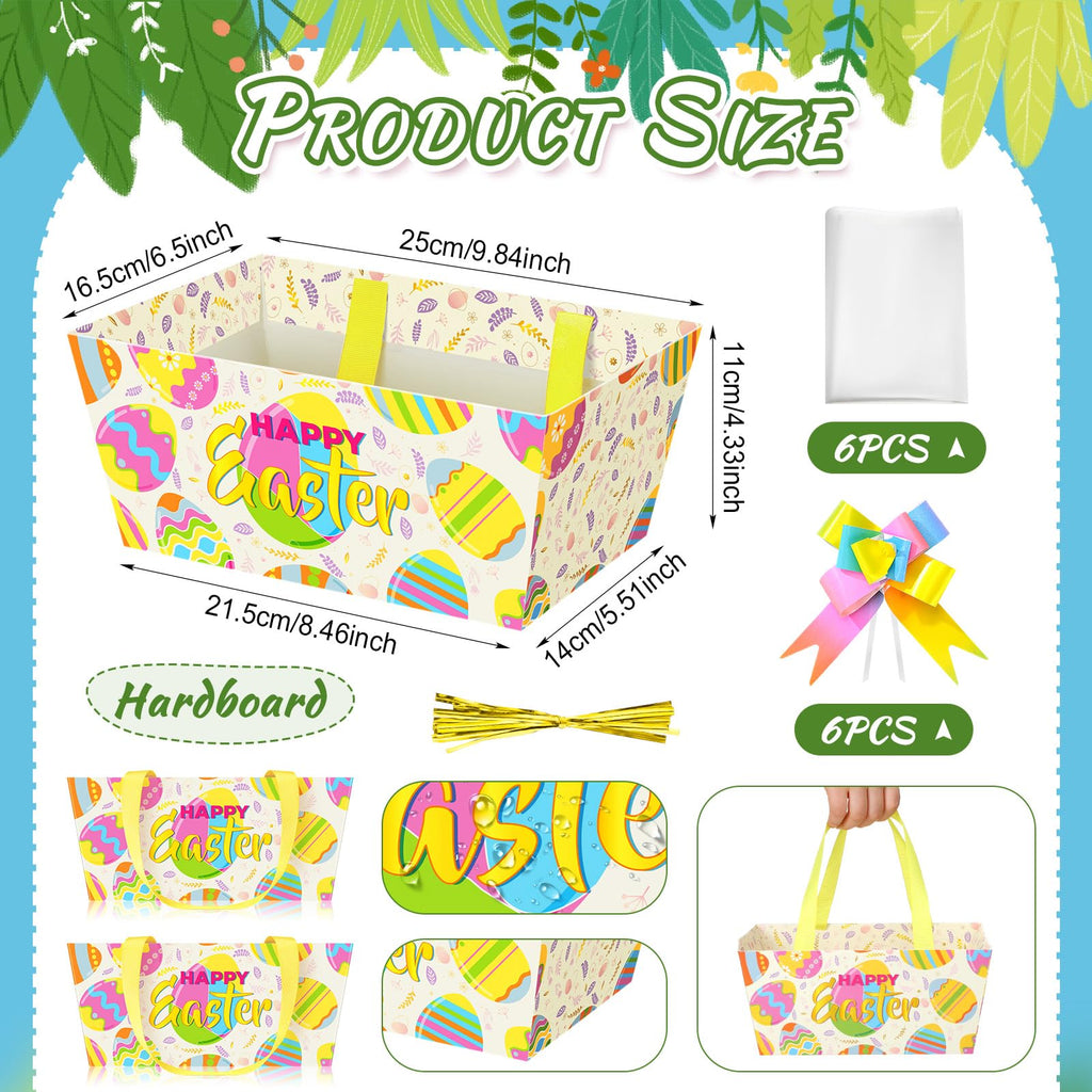 6 Pack Easter Eggs Basket for Gifts Empty with Cellophane Bag Pull Bows Happy Easter Eggs Basket Gift Box for Spring