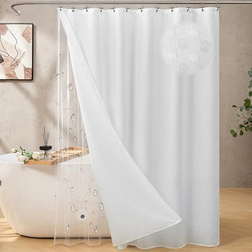 Shower Curtain Set, 180GSM Waffle Weave Fabric with PEVA Liner & 12 Metal Hooks, 3-in-1 Bathroom Curtain Set,White