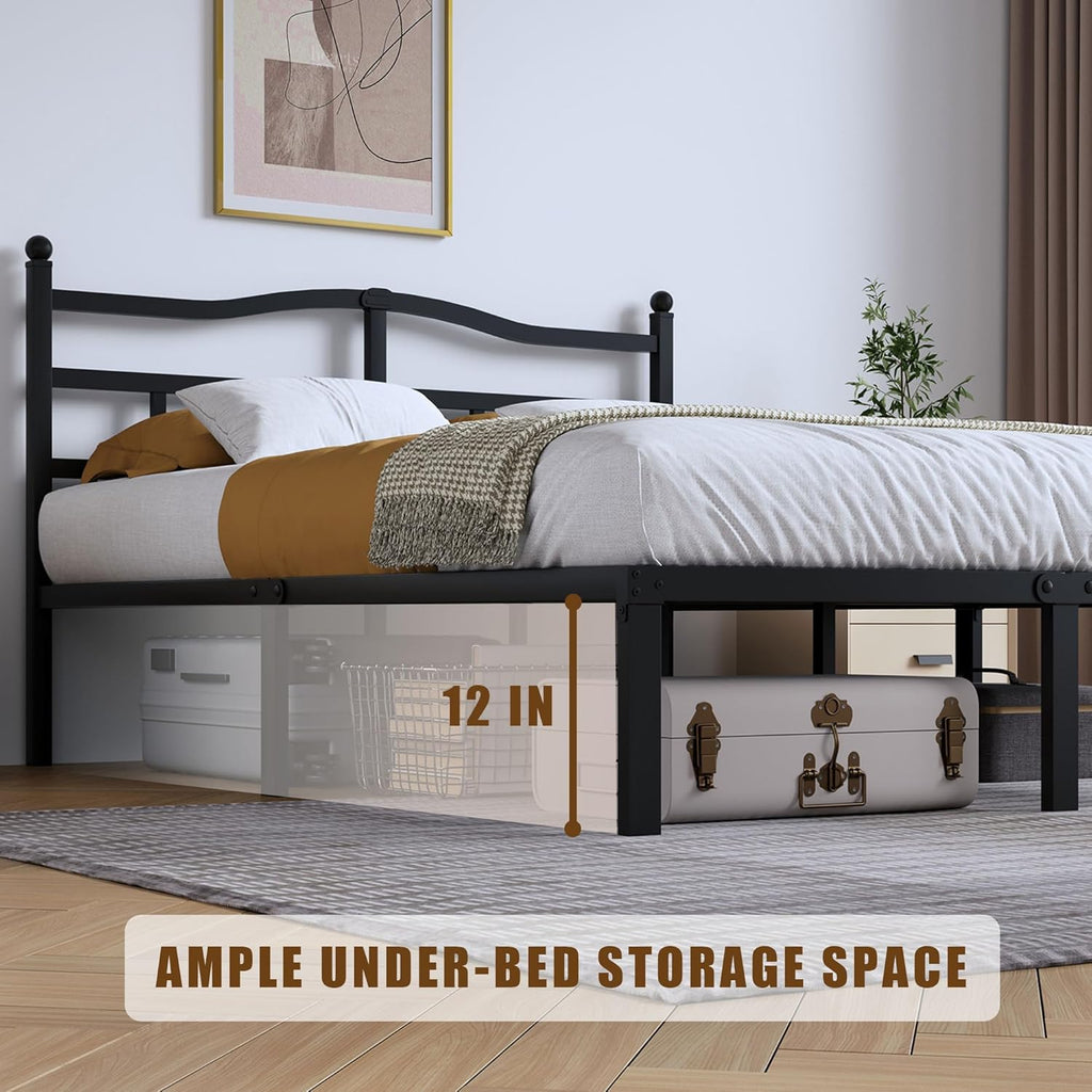 14 Inch Metal Bed Frame - Queen Heavy Duty Bedframe with Headboard Black Basic Steel Slats Platform No Box Spring