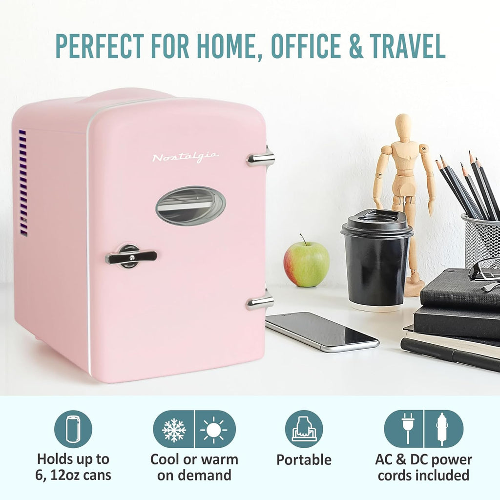 Retro Mini Fridge and Heater - 6-Can Capacity, 12-Volt Power Adapter, Carry Handle and Display Window - Perfect for