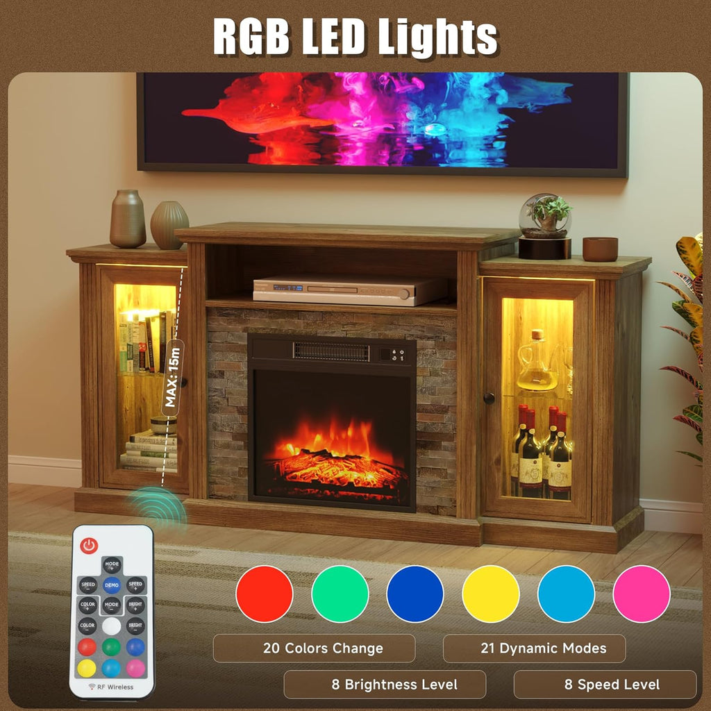 Fireplace TV Stand for 65 Inch TV, Entertainment Center with 18 inch Electric Fireplace & LED Lights,Mordern Media
