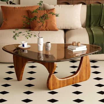 Coffee Table Mid Century Modern Center Table with Glass Top and Wood, Brown/Walnut