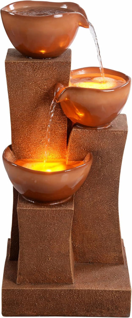 28.54 in. 3-Tier Cascading Outdoor Water Fountain with LED Lights for Gardens, Landscaping, Patios, Balconies, Lawns