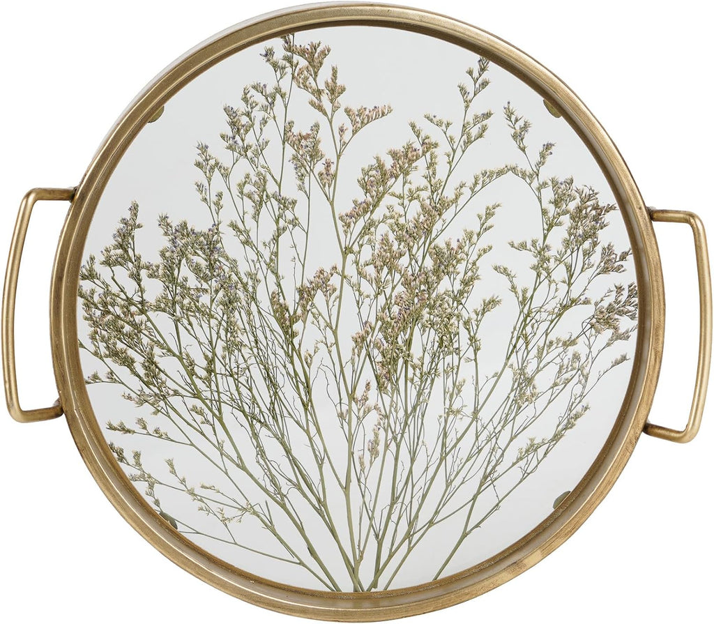 Decorative Tray with Natural Dried Botanical Grass, Round Gold Metal Frame, Mirror Glass Serving Tray, Vintage