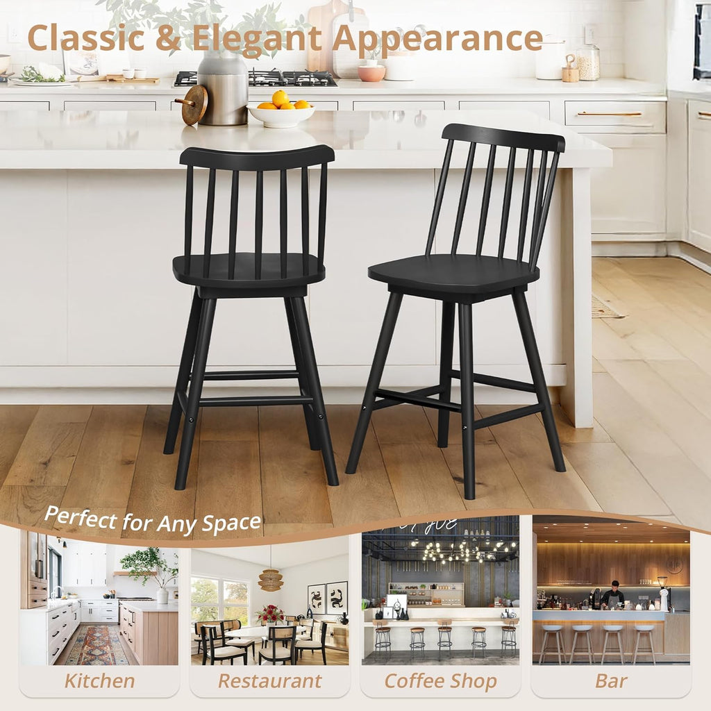 360° Swivel Bar Stools Set of 3, Black Windsor Barstools, Counter Height Barstool with Spindle Back, 24 inch