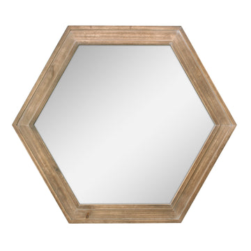 Decorative 24" Hexagon Hanging Wall Mirror with Natural Wood Frame and Attached Hanging Bracket, Rustic Farmhouse