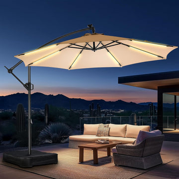 10 ft Offset Patio Umbrella with Solar Lights, LED Lighted Umbrella Outdoor Patio with Base Included - Beige