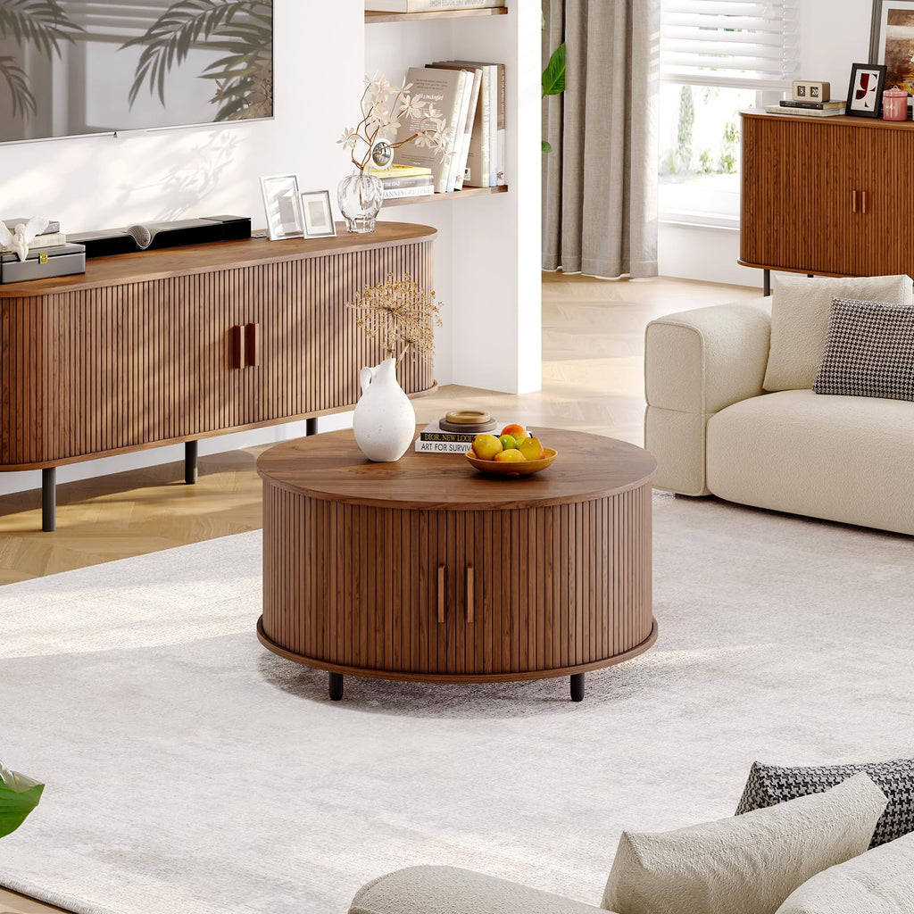 31.5" Round Coffee Table w/Storage Adjustable Footpad Walnut