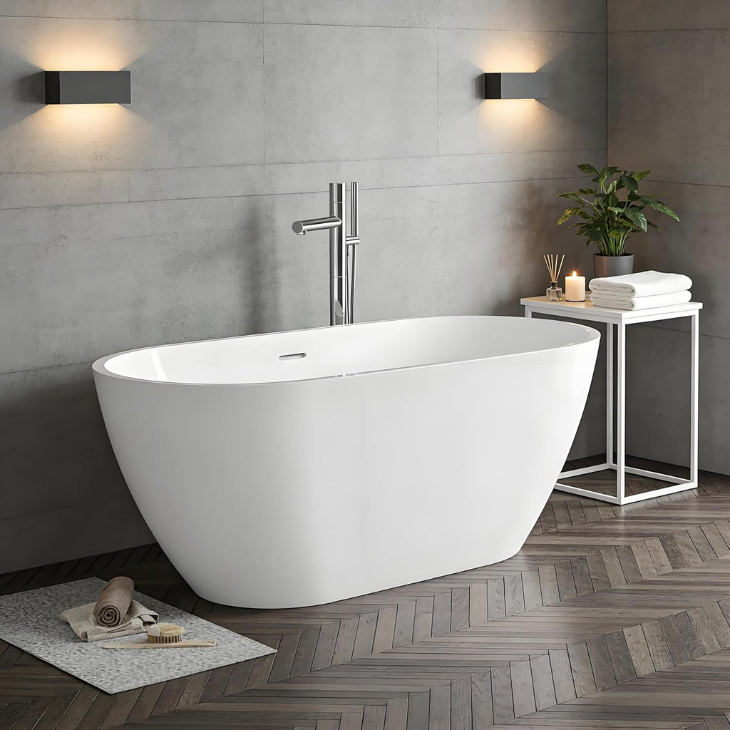Freestanding Bathtub 59 Inch, Oval Acrylic Stand Alone Tub with Chrome Drain, Modern White Soaking Tub for Bathroom