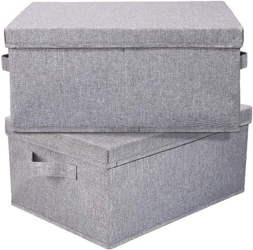 Linen Foldable Storage Bins with Lids, 2 Pack, Storage Boxes with Carrying Handles and Sturdy Heavy Cardboard, 16.5"