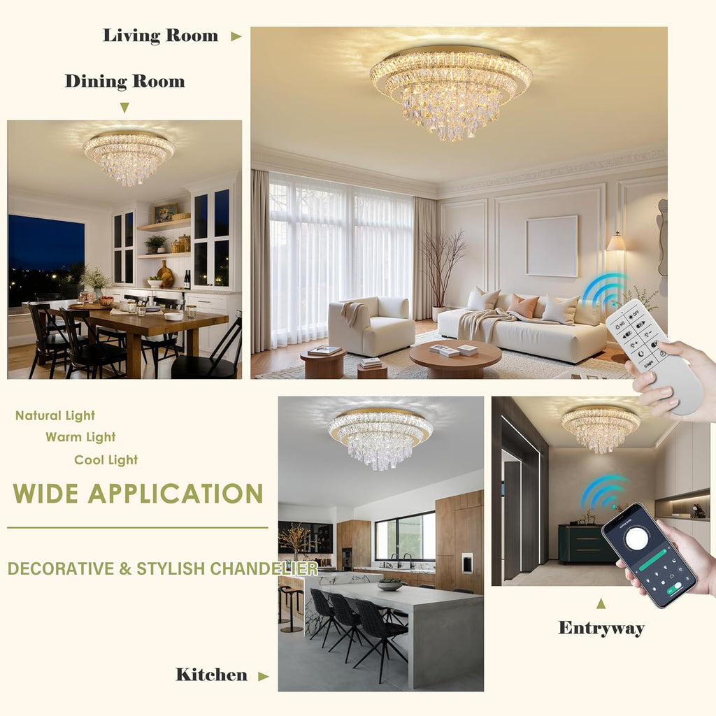 24 inch Crystal Gold Ceiling-Light Flush Mount With Remote Control and APP | 3CCT Dimmable & Brightness Adjustable